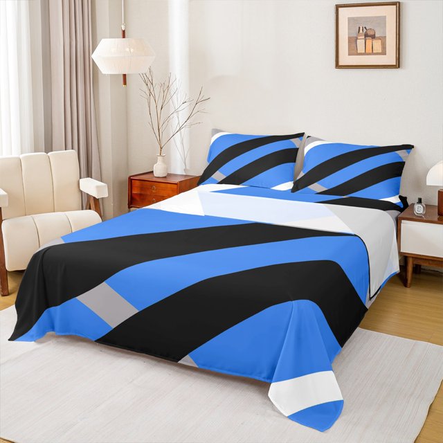 Erosebridal Abstract Geometry Lines Bed Sheets Set Full Size,Blue Black Aesthetic Art Bedding Sets Full Size,Geometric Pattern Bed Sheets Full,Microfiber Room Decoration,4pcs