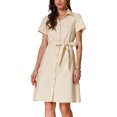 thumbnail image 1 of INSPIRE CHIC Robe Chemise en Lin et Coton pour Femmes Col en V Manches Courtes Boutonnée TG Beige, 1 of 6