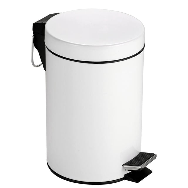 Bac à Pédale en Acier de 3 L Blanc avec un Corps Cylindrique en Acier Blanc Enduit de Poudre, une Pédale Noire durable à la base et une Poignée de Transport Noire sur le Côté. Il Comprend un Bac Intérieur Amovible pour un Retrait Facile des Déchets, Convient au Rangement à la Maison et à l'Organisation des Déchets.