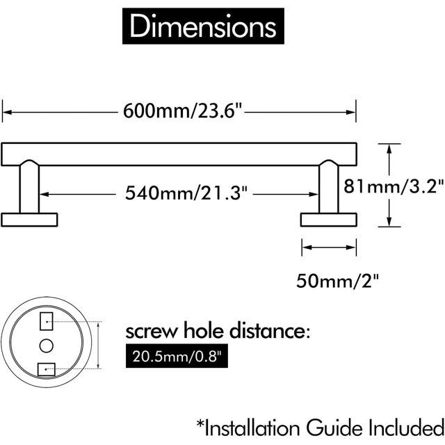 Towel bar dimension diagram showing 600mm (23.6 in) total length, 540mm (21.3 in) mounting length, 81mm (3.2 in) height, 50mm (2 in) base width, and 20.5mm (0.8 in) screw hole distance, with installation guide included, suitable for bathroom hardware and wall mounting.