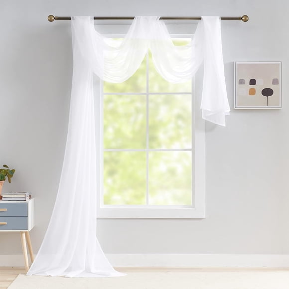 PinesC White Scarf Valances for Windows - Sheer Window Scarf Valance, 144 Inch Curtain Scarf Swag Curtains, Sheer Valances for Windows Fabric for Draping, Bed Canopy Curtains 52Wx144L