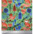thumbnail image 1 of Soimoi Green Poly Georgette Fabric Tree & Fox Folk Art Print Fabric by Yard 42 Inch Wide, 1 of 5