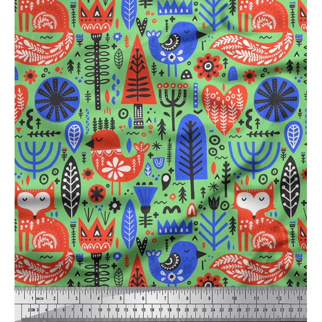 Soimoi Green Poly Georgette Fabric Tree & Fox Folk Art Print Fabric by Yard 42 Inch Wide
