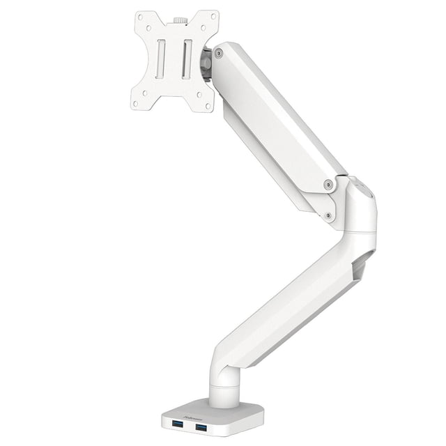 Platinum Series Single Monitor Arm in white with fully adjustable gas spring arm and VESA mount plate, featuring two USB charging ports at the base and integrated cord management, designed for clamp or grommet desk mounting to improve workspace flexibility and organization.