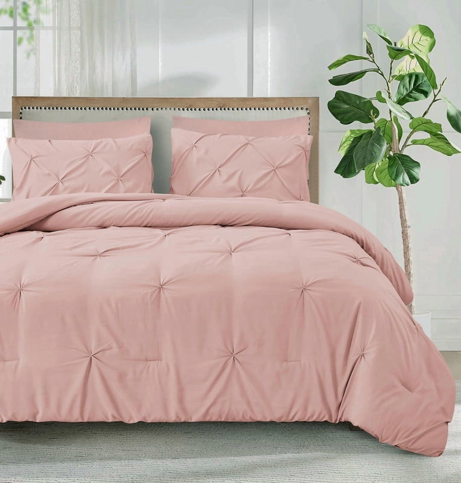 Marina Decoration Home Decor Bedding Pintuck Comforters Soft Fluffy Goose Down Alternative Solid Geometric Boho Tufted Pinch Pleated 3 Piece Comforter Set with Ruffled Shams, Pink Color King