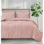 Marina Decoration Home Decor Bedding Pintuck Comforters Soft Luxury Fluffy Goose Down Alternative Solid Boho Tufted Pinch Pleated 2 Piece Comforter Set with Ruffled Sham, Pink Color Twin/Single Size