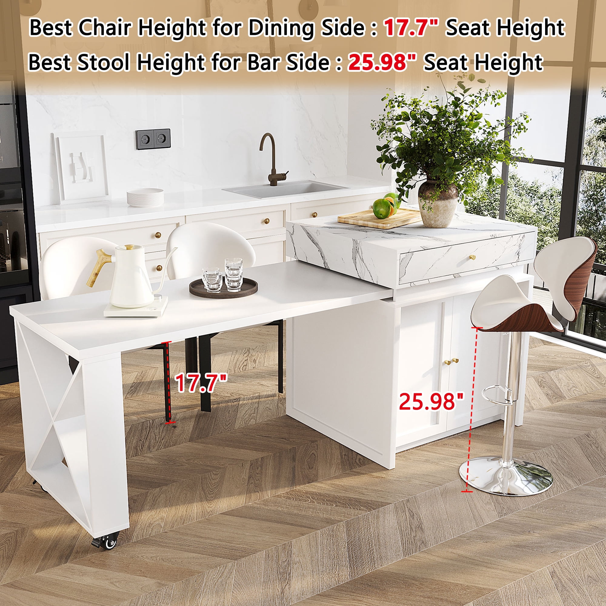 Table haute de comptoir Noble House, îlot de cuisine extensible en imitation marbre, blanc