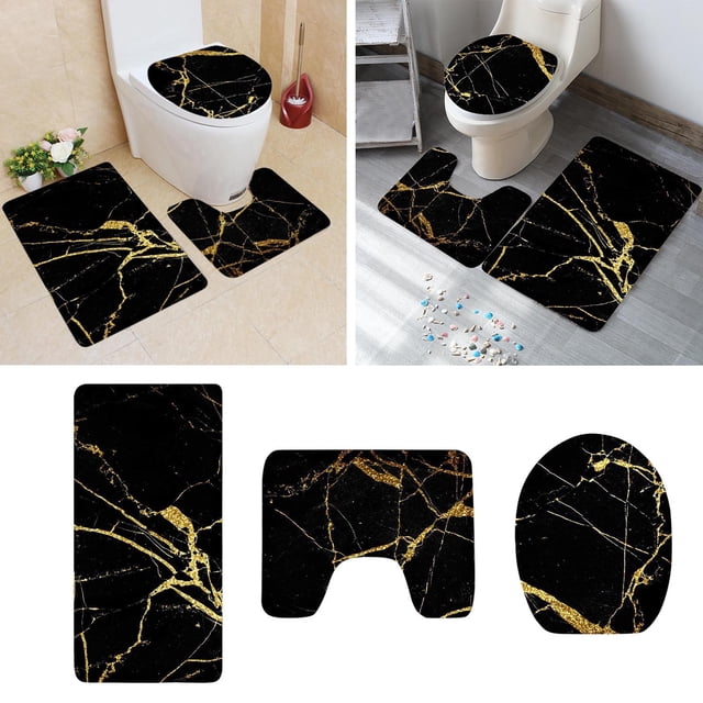 Bathroom Accessories And Black And Gold 3-Piece Bath Rug Set Including Bath Mat And Toilet Lid Cover For Modern Bathroom