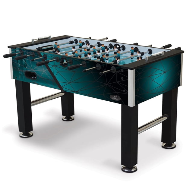 EastPoint Sports Levante 54" Official Size Indoor Foosball Table in blue with black legs and geometric side panels, featuring pre-assembled hollow player rods with weighted blue and white players, bead-style scoring, and chrome leg levelers for balanced indoor gameplay.