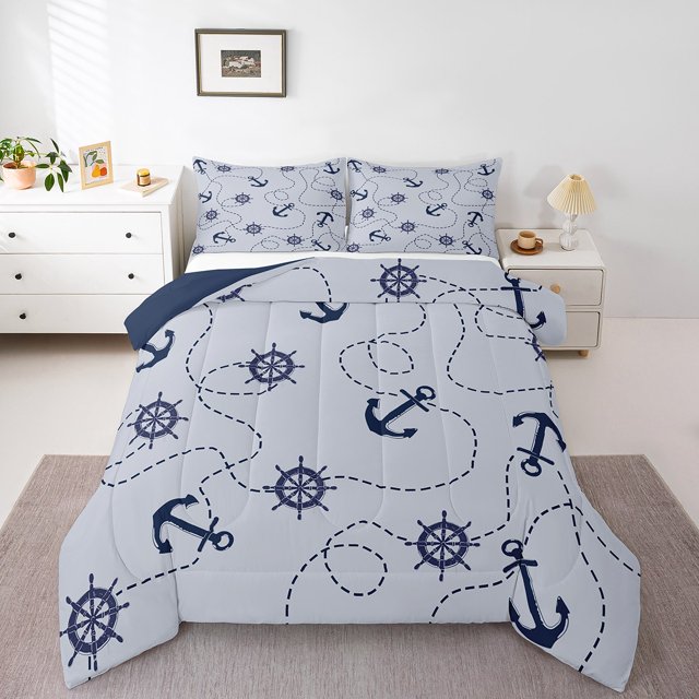Erosebridal Blue Cartoon Anchor Bedding Full Comforter Set, Geometric Line Down Comforter, Sailboat Decor, 3-piece