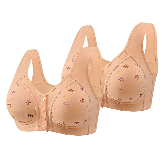 Sentmoon 2PC Bras for Women Wirefree Plus Size No Underwire Bras for Women Breathable Front Closure with Button Print Lift Seamless Sleep Sports Bra Mom Lightweight for Daily Commute Beige 36