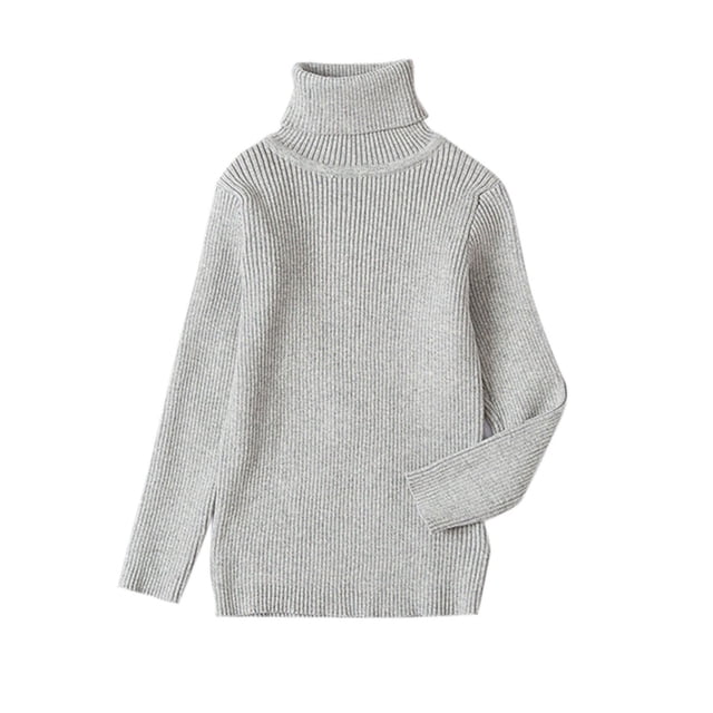 Toddler kids baby knit turtleneck sweater in a soft grey color, featuring a ribbed texture, long sleeves, and a cozy high neckline. Made from high-quality knit material, this solid-colored pullover is designed for warmth and comfort. Suitable for boys aged 12 months to 6 years, with sizes ranging from 80 to 130. Ideal for casual wear, daily use, parties, or photoshoots.