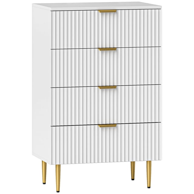 HOMCOM Commode à 4 Tiroirs pour Chambre avec Fini Blanc et Façades Cannelées, Poignées en Métal Doré et Pieds en Métal Doré Robustes. la Commode Comprend Quatre Tiroirs Spacieux pour Organiser des Vêtements, des pyjamas Ou des Articles du Quotidien. Conçue avec une Fonction Anti-Basculement pour la Stabilité et un Bas Haut pour un Nettoyage Facile en Dessous. les Dimensions Sont de 23,6 Pouces de Large, 15,7 Pouces de Profondeur et 37,8 Pouces de Hauteur.