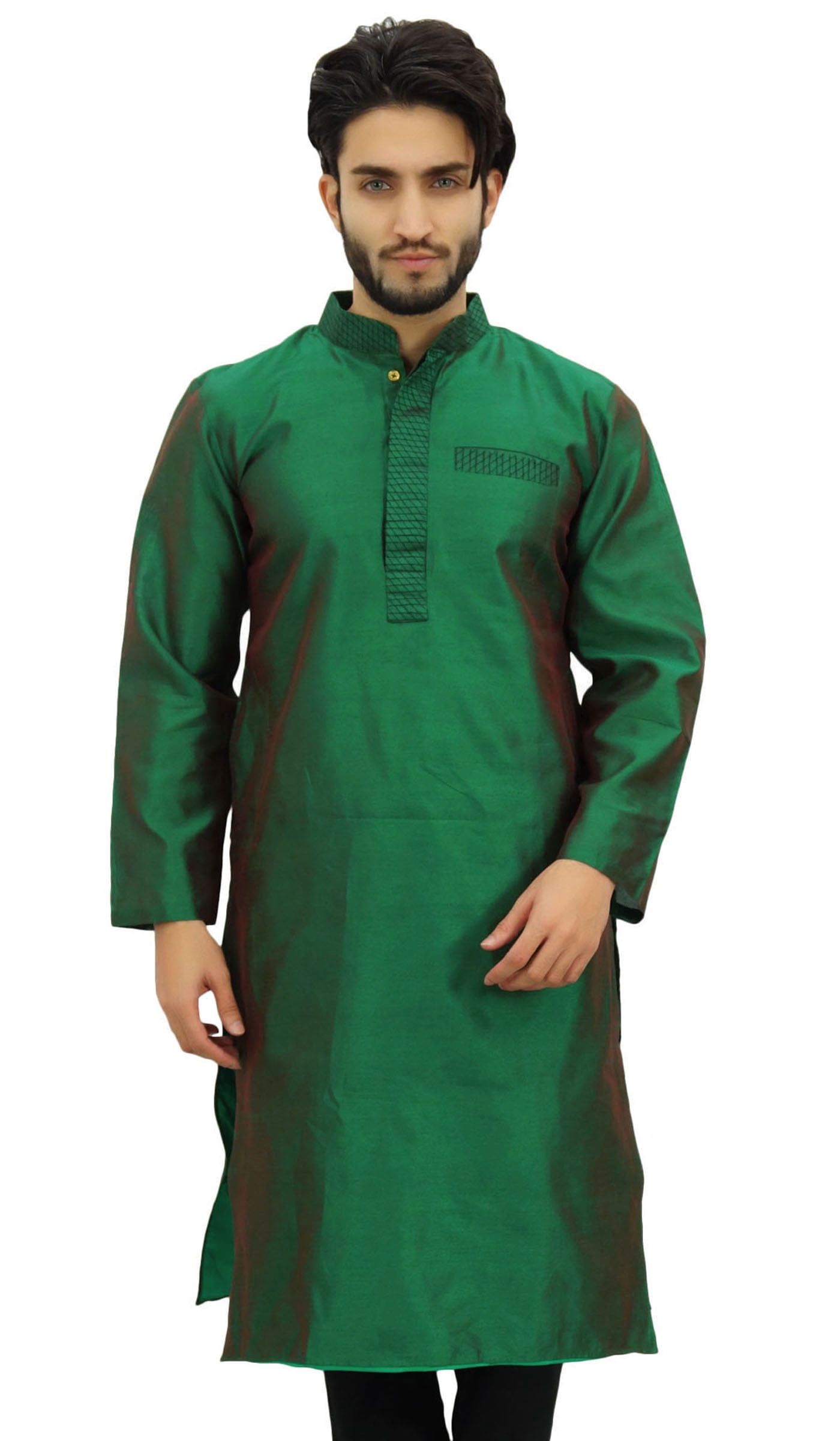 Atasi Designer Indian Ethnic Men's Green Kurta Pyjama Long Dupion Shirt-L