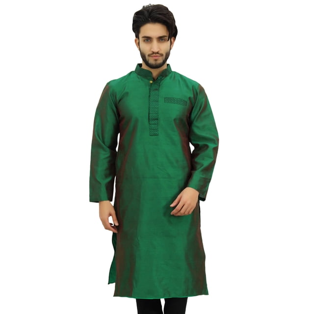 Atasi Designer Indian Ethnic Men's Green Kurta Pyjama Long Dupion Shirt-L