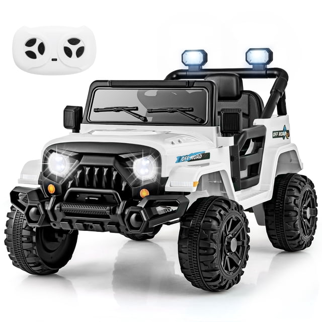 Gymax 12V Kids Ride on Truck Car in white with remote control, threaded wheels, and LED lights. Features a rugged design with dual 35W motors, adjustable speeds, and a rechargeable 12V battery. Includes a child-friendly steering wheel, foot pedal, and parent control mode. The truck has all-terrain wheels suitable for asphalt, grass, and cobblestone surfaces. Bright LED headlights and searchlights enhance visibility, while integrated music and wireless connection add entertainment. Constructed from BPA-free material with safety features like a seatbelt and lockable doors.