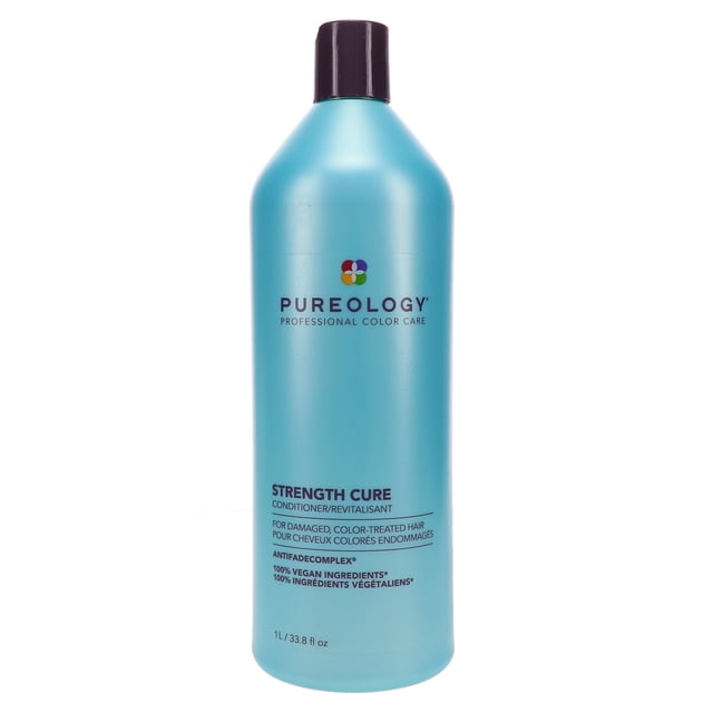 Pureology Strength Cure Conditioner 33.8 oz bottle with a sleek turquoise design and dark cap. Ideal for damaged, brittle, and color-treated hair, it features antifade complex and 100% vegan ingredients for hydration, repair, and color protection.