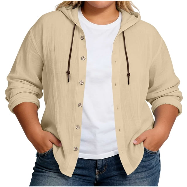 Wo-Fusoul Blouse for Women, Plus Size Long Sleeve Hooded Top with Button Front and Drawstring, Casual Solid Color Tunic