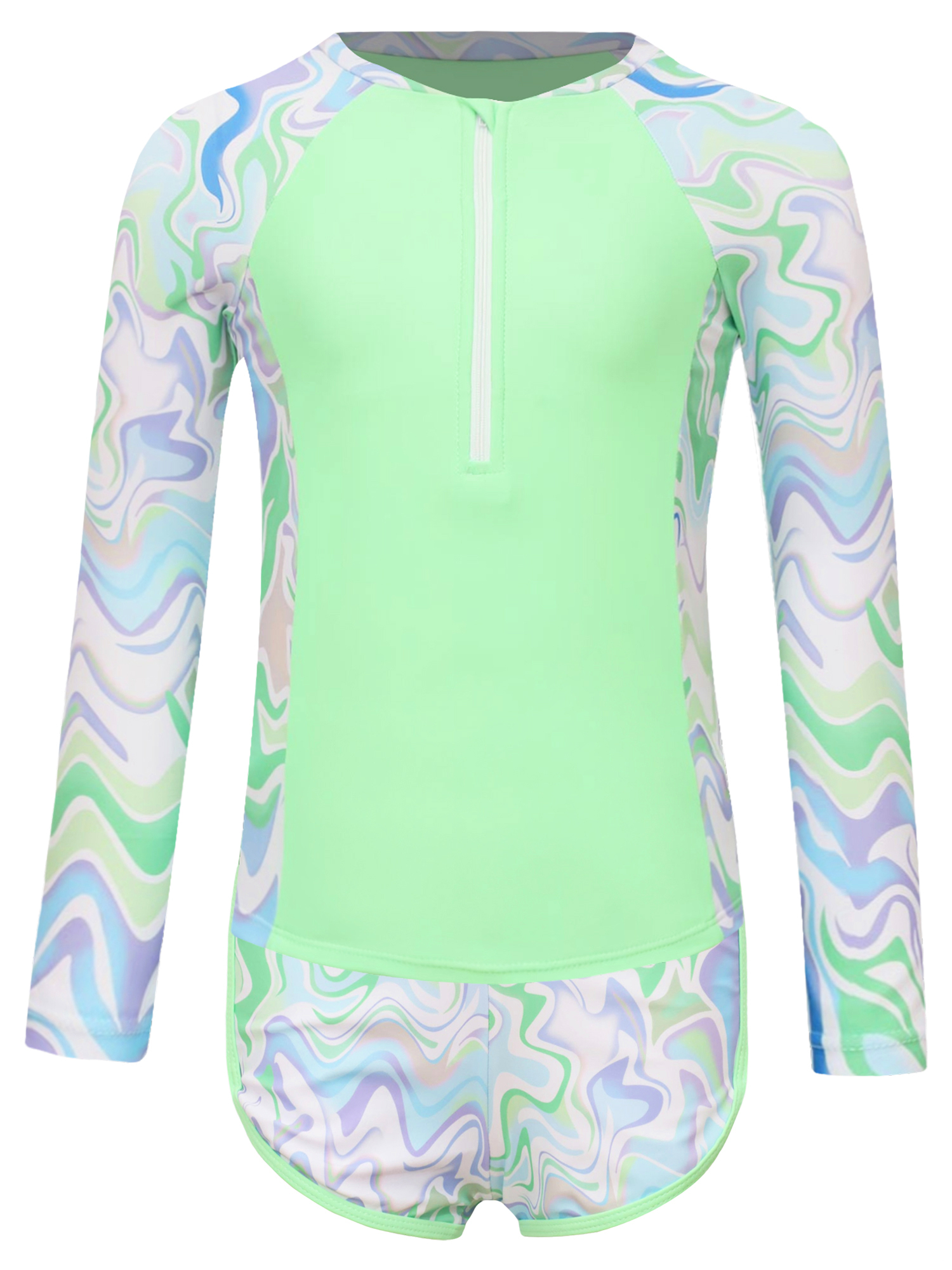 Jizyo Kids Girls 2Pcs Rash Guard Long Sleeve Zipper Wave Striped Printed Swim Top with Shorts Bathing Suit Fluorescent Green 9Y