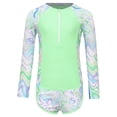 thumbnail image 1 of Jizyo Kids Girls 2Pcs Rash Guard Long Sleeve Zipper Wave Striped Printed Swim Top with Shorts Bathing Suit Fluorescent Green 9Y, 1 of 7