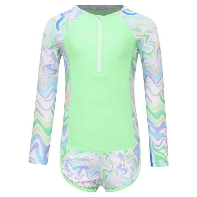 Jizyo Kids Girls 2Pcs Rash Guard Long Sleeve Zipper Wave Striped Printed Swim Top with Shorts Bathing Suit Fluorescent Green 9Y
