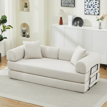 Folding Sofa Bed,  Convertible Couch Bed with 2 Pillows, Fold Out Couch, Foam Spring Floor Mattress, Futon Couch for Living Room, Office, Apartment,Beige