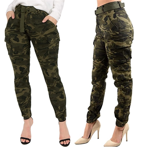 Jsaierl Women's Camo Cargo Pants Stretch High Waisted Skimmer Pants Casual Jogger Pants Comfy Hiking Sweatpant with Flap Pockets