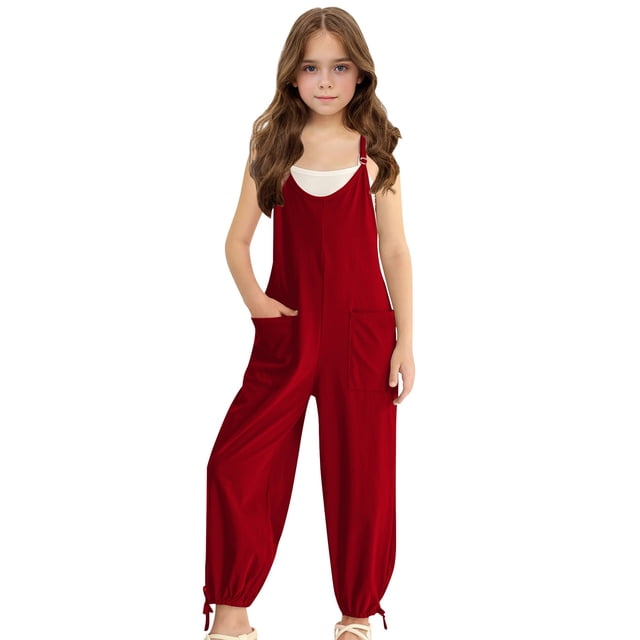 MIASHUI Combinaisons pour Filles Sans Manches Salopettes Décontractées Enfants Bretelles Spaghetti Combinaison Ample avec Poche, Rouge, 5-6 Ans