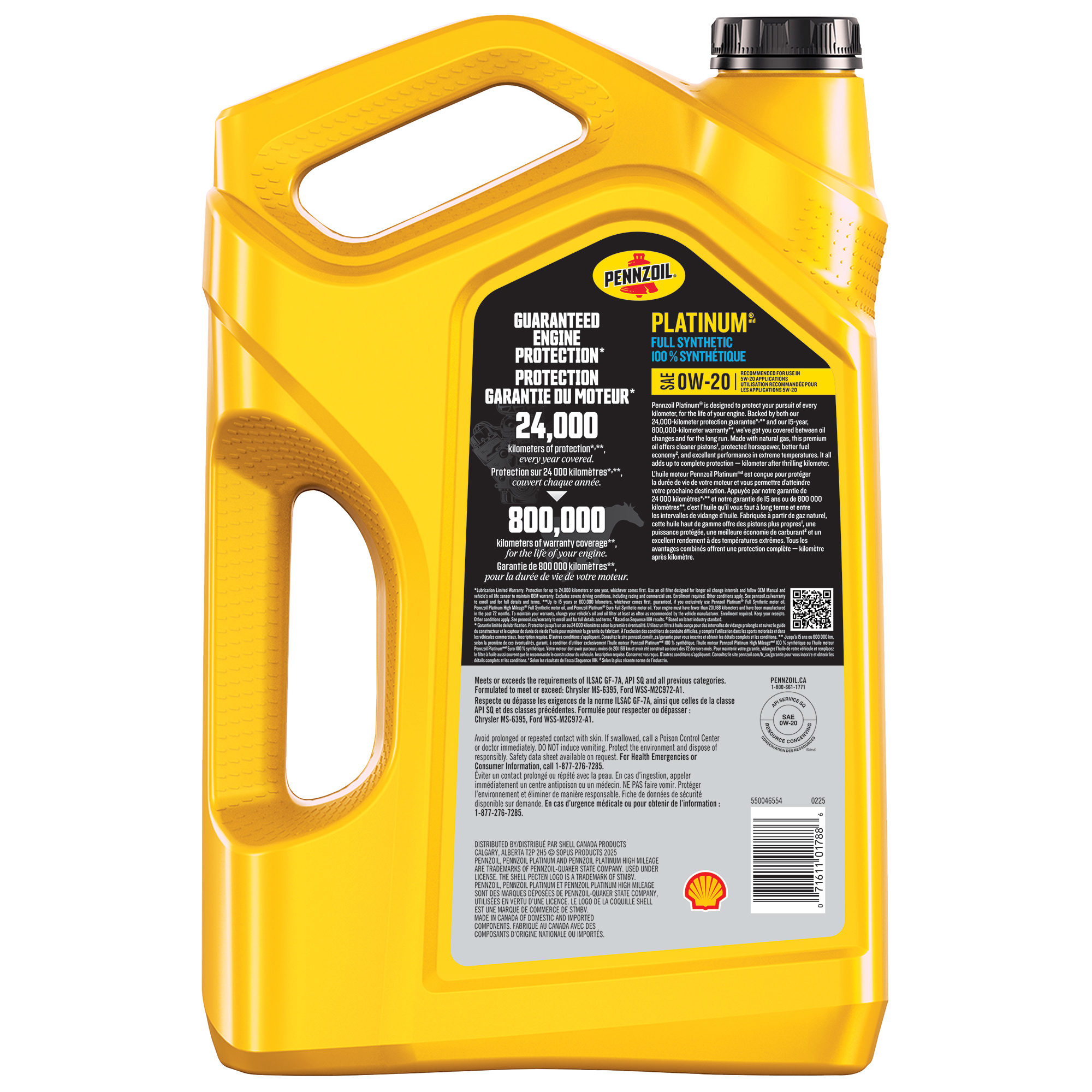 Huile moteur Pennzoil Platinum 100 % synthétique 0W-20, 5 litres (caisse de 3)