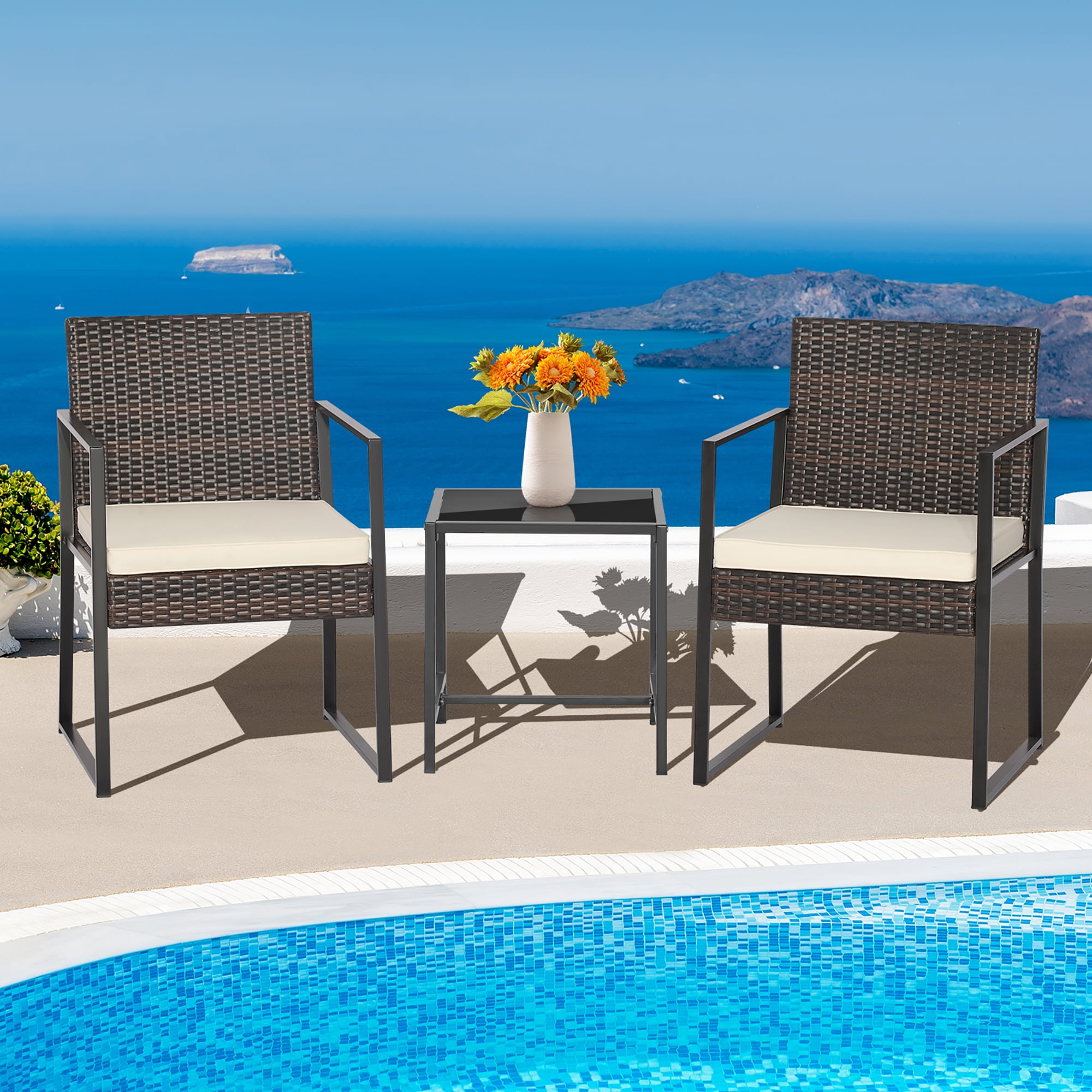 Costway 3pcs Patio Furniture Set Heavy Duty Cushioned Wicker Rattan Chairs Table Outdoor