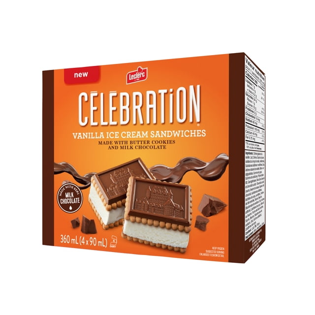 Leclerc Celebration Vanilla Ice Cream Sandwiches with vanilla ice cream between butter cookies topped with real milk chocolate embossed with a castle design, in a 360 mL box of four 90 mL sandwiches, kosher and made in Canada, ideal as a frozen dessert treat.