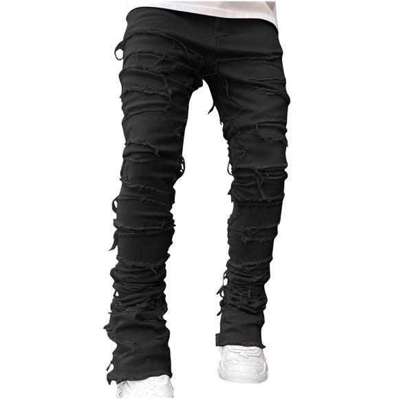 fartey Men's Stacked Streetwear Denim Pants Slim FItted Patch Distressed Destroyed Pants Ripped Jeans With Zipper Button Hip Hop Jeans