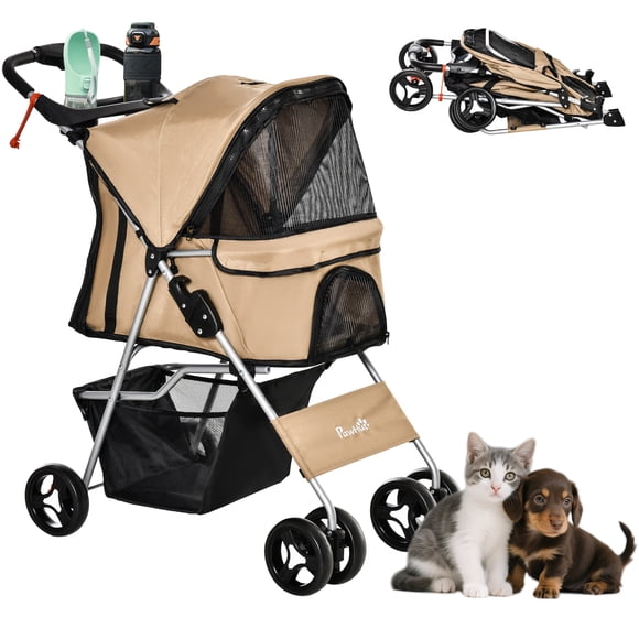 PawHut Dog Stroller, One-click Folding Pet Stroller with Cup Holder, 4 Wheels Travel Carrier w/ Brakes, 360° Swiveling Front Wheels, Storage Basket, for XS/Small Dogs Cats, Coffee