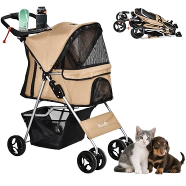PawHut Dog Stroller, One-click Folding Pet Stroller with Cup Holder, 4 Wheels Travel Carrier w/ Brakes, 360° Swiveling Front Wheels, Storage Basket, for XS/Small Dogs Cats, Coffee