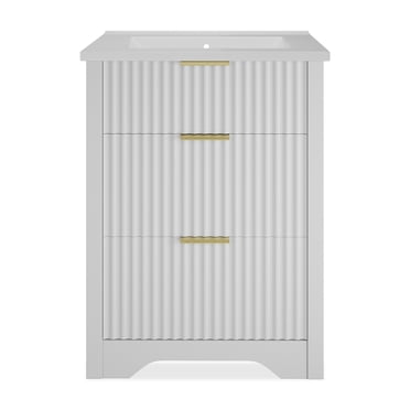 Fluted Bathroom Vanity with Basin - 2 Drawers & Turn-Down Storage - Easy Assembly & Cleaning - Modern Freestanding Cabinet, White, 24 Inches