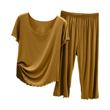 Lixiuxyad Ensemble de Pyjama pour Femmes d'Été à Manches Courtes avec Pantalon Capri, Léger, Décontracté, Tenue d'Intérieur pour Dames, Or