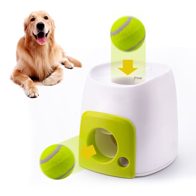 Automatic Dog Ball Launcher by Estink, an interactive pet toy made of ABS material. The compact white and green device features a slot for inserting a 6cm elastic tennis ball, which is automatically launched. Includes a standard tennis ball and user manual. Suitable for dogs, cats, and other animals, it doubles as a feeder, trainer, and slow food bowl. Ideal for indoor or outdoor use.