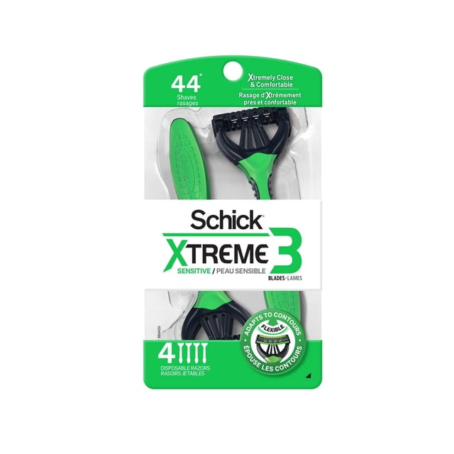 Schick Xtreme 3 Sensitive 3 Blade Disposable Razors for Men, 4 count, showing two black and green razors with flexible triple blades and ergonomic no-slip handles designed for sensitive skin with aloe lubricating strips, packaged in clear blister with green and white branding highlighting up to 44 shaves and contour-adapting blades.