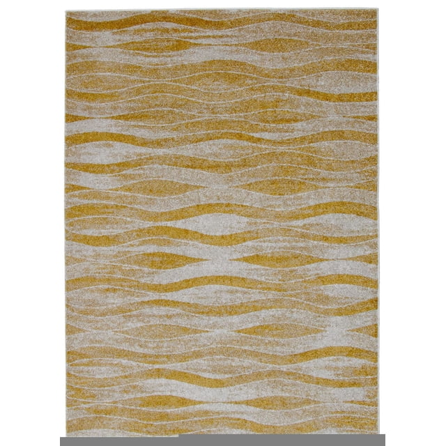 ECARPET Neela Ivory/Gold Rug, a rectangular indoor area rug with plush material featuring bold gold geometric wave patterns on an ivory background, suitable for adding softness and style to family home interiors.