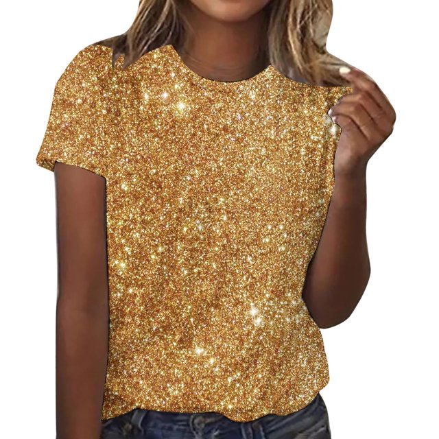 Amzcrzy Hauts pour Femmes T-Shirts Décontractés à Manches Courtes Hauts d'Été Mode Col Rond Hauts à Sequins pour Femmes Confort Polyvalent Hauts de Sortie Blouses
