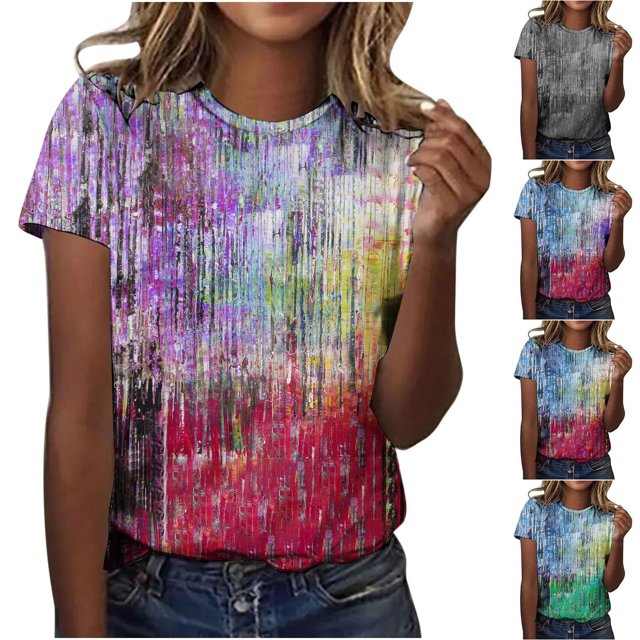 Économies du Printemps! CEHVOM T-Shirts Graphiques Floraux pour Femmes, T-Shirt à Manches Courtes Boho à Imprimé Teinture sur Nœuds Floral pour Femmes, Col Rond Ample Décontracté d'Été Décontracté Ample Basique Confortable T-Shirts Boho Hauts 2023