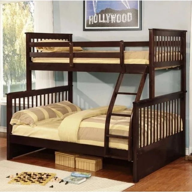Twin over Double (Single over Double) solid wood detachable bunk bed in espresso colour, shown in a cozy bedroom setting. The bunk bed features a sturdy wooden frame with slatted headboards and footboards, a built-in ladder for safe access to the top bunk, and a convertible design that allows it to separate into two individual beds. The platform base eliminates the need for a boxspring, supporting mattresses directly. Bedding in neutral tones is displayed on both bunks.