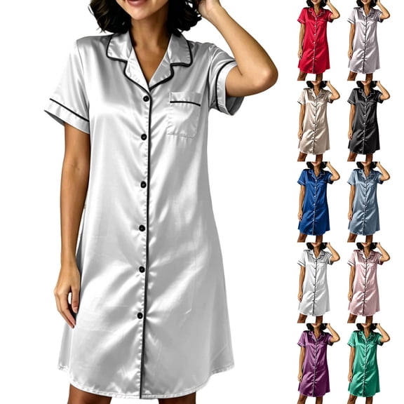 Jovati Robe de Nuit Décontractée pour Femmes, Manches Courtes, Col en V, devant à Boutons, Mélange de Satin, Longueur Midi, Nylon Spandex Léger