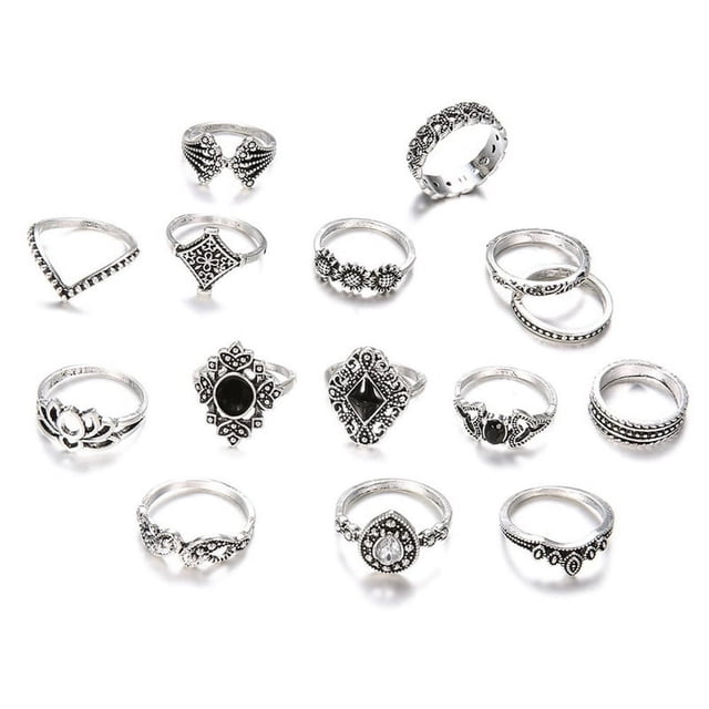 15Pcs Rings for girls Black Ring Set Fashion Bohemian Style Jewelry