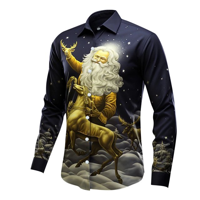 Kcodviy Pyjama pour Homme de Noël Père Noël Numérique Décontracté à Manches Longues Imprimé 3D à Boutons Col à Revers avec Chat Chemise à Manches Longues pour Homme Haut
