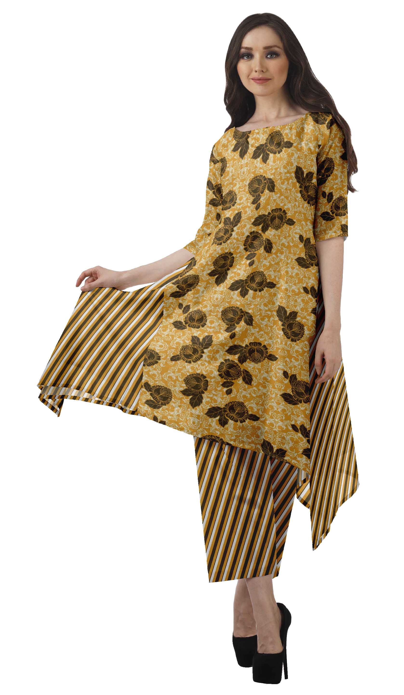 Moomaya Women's Plus Size Printed Asymmetric Kurti Pant Set, Cotton Chanderi, 1 Count