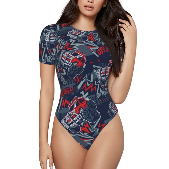 KLL Cool Rouge Véhicule Tout-Terrain pour Femmes Justaucorps à Manches Courtes, Justaucorps Aguichant une Pièce Col Rond Justaucorps Gainant Contrôle du Ventre-Grand