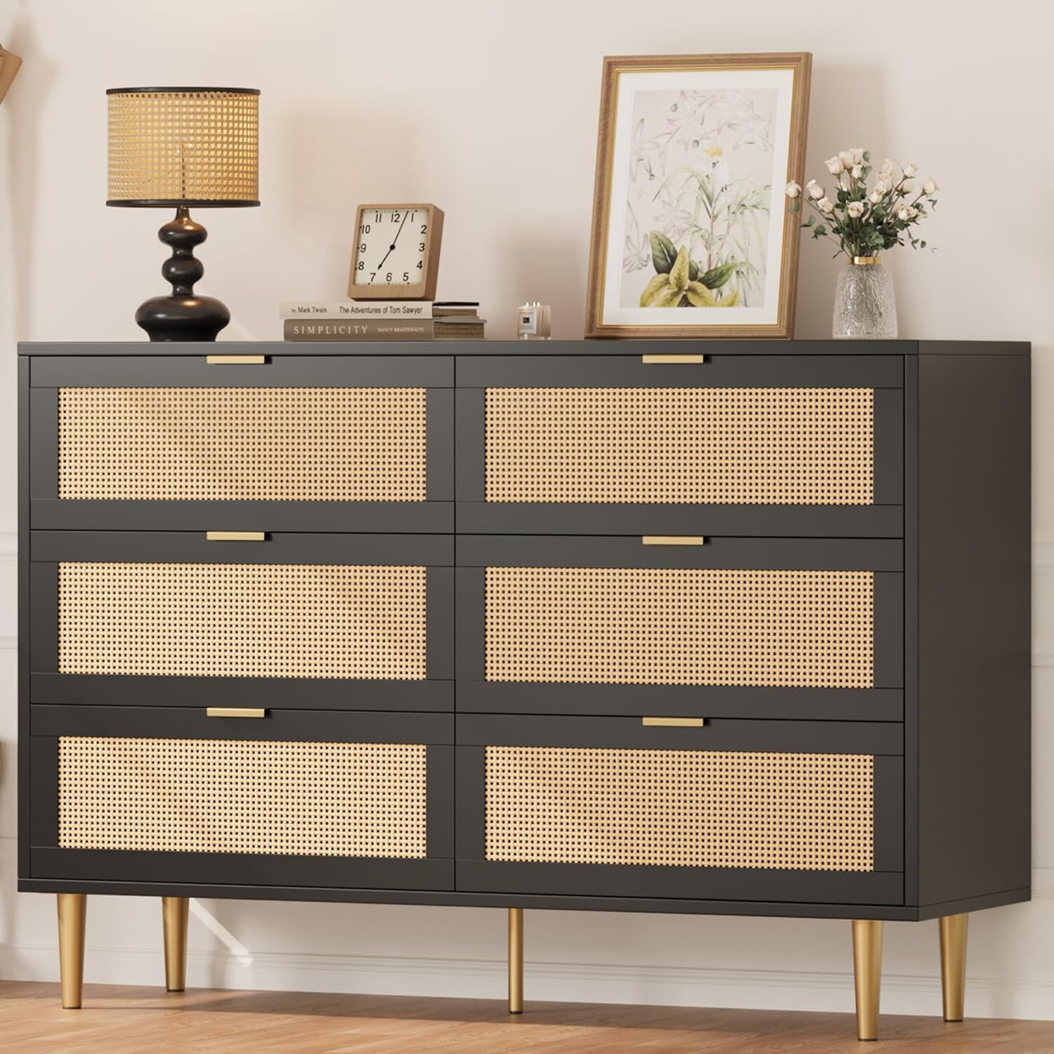 Rattan 6 Drawer Dresser, 42.5'' Modern Chest of Drawers with Gold Legs and Handles, Boho Wide Double Dresser with Large Tabletop and Anti-Tipping Design for Bedroom, Living Room, Black