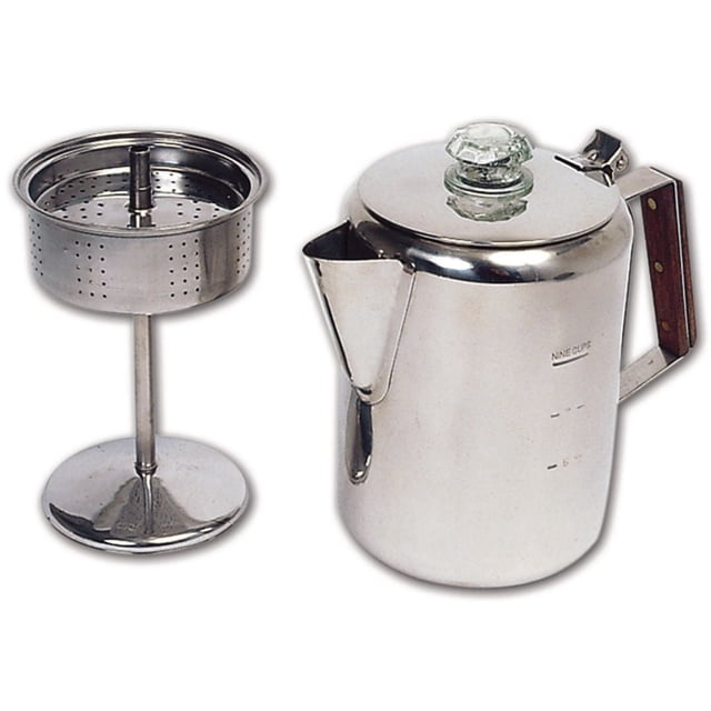 North 49 9 Cup Stainless Coffee Percolator with heavy gauge stainless steel body, wood insulated handle, and removable stainless steel coffee basket, designed for stovetop brewing without electricity, suitable for camping and outdoor use.