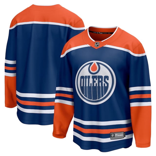 Oilers d'Edmonton LNH Fanatics Breakaway Chandail Domicile avec Motif Bleu et orange, logo d'Équipe à l'Avant et Coupe Ajustée. Fabriqué en Tissu polyester Respirant avec Écussons Flexibles, Écusson LNH sur le Col et Image de Marque Fanatics à l'Ourlet. Vêtements Idéaux pour les Amateurs de Sport, sous Licence Officielle par LNH.